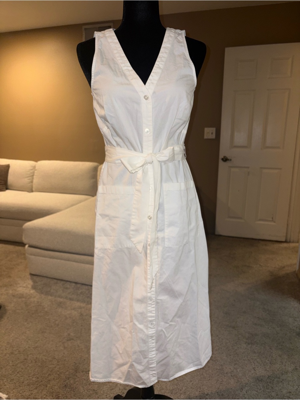 New York & Company White Sleeveless Button-Front Midi Dress Waist Tie size s